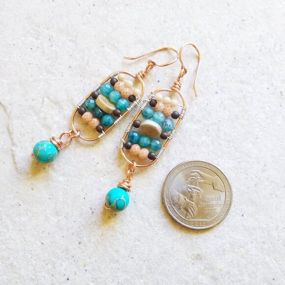 Gorgeous & One-of-a-kind Dangle Earrings! Upscale Boho City Chic! Teal & Cream - Picture 2 of 7